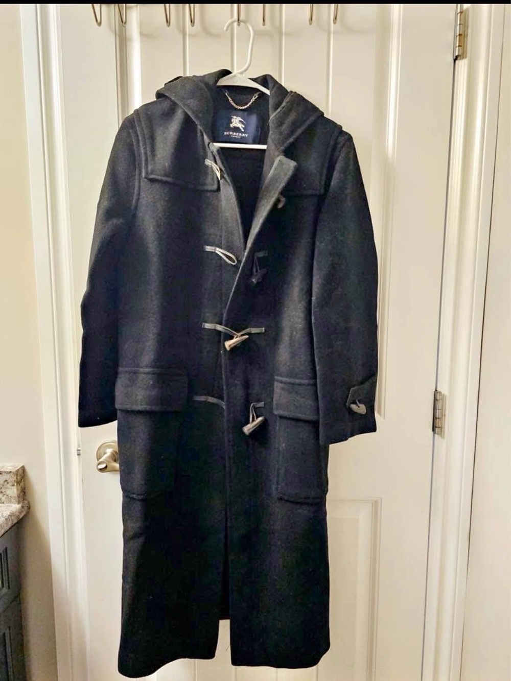 Burberry Black Hooded Wool Duffle Coat with Toggle Closures